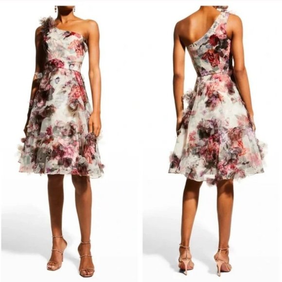 MARCHESA NOTTE One-Shoulder Tulle Dress w/ 3D Applique NWT